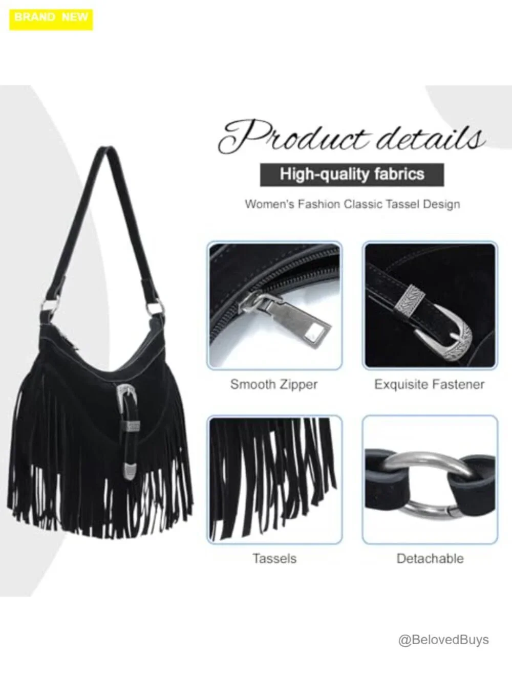 Vegan Suede Fringe Tassel Crossbody Hobo Bag with Adjustable Strap